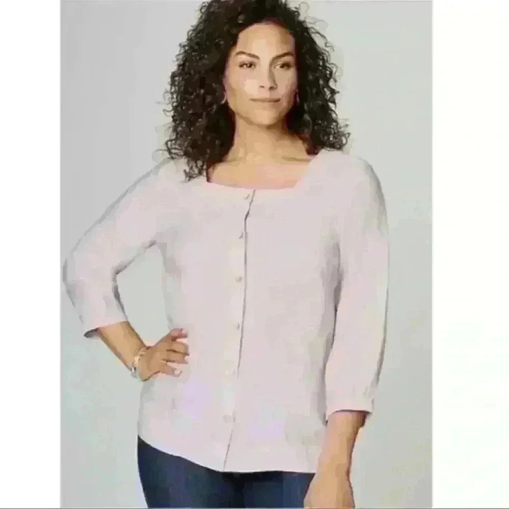 J Jill Pale Orchid Square-Neck Button Down 3/4 Sleeve Pleated Blouse S Tall